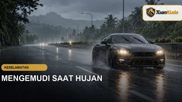 Mobil sport melaju aman di jalan saat hujan tropis