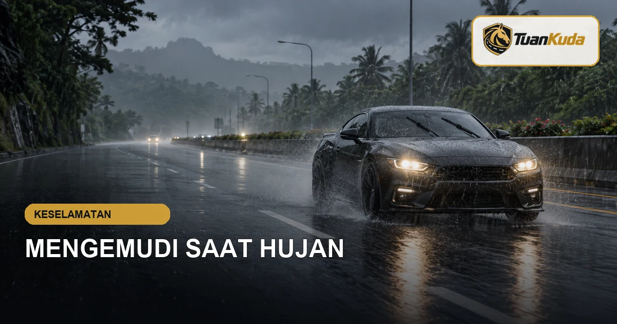 Mobil sport melaju aman di jalan saat hujan tropis