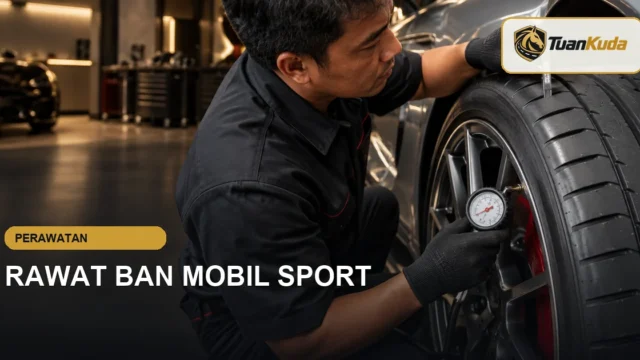 Teknisi memeriksa tekanan dan ketebalan tapak ban mobil sport