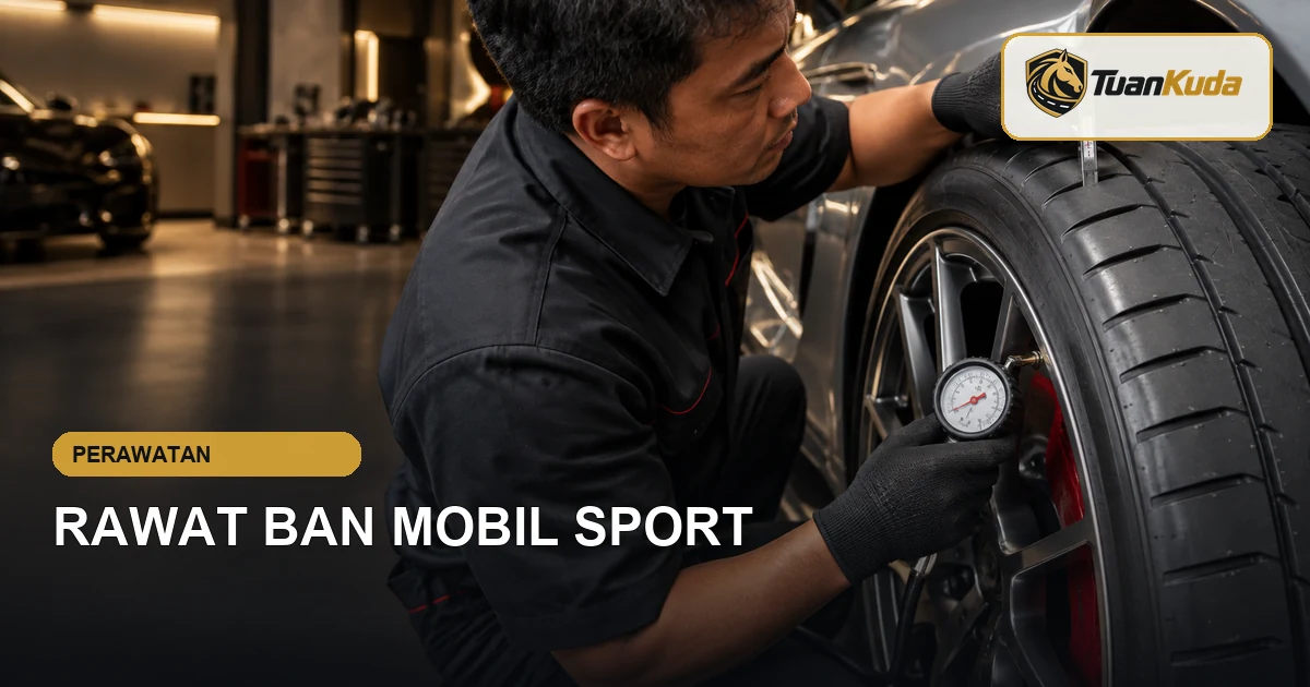 Teknisi memeriksa tekanan dan ketebalan tapak ban mobil sport