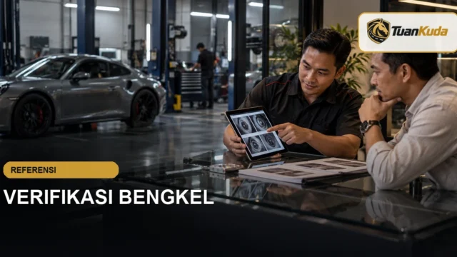 Pemilik mobil meninjau hasil pemeriksaan bersama teknisi bengkel