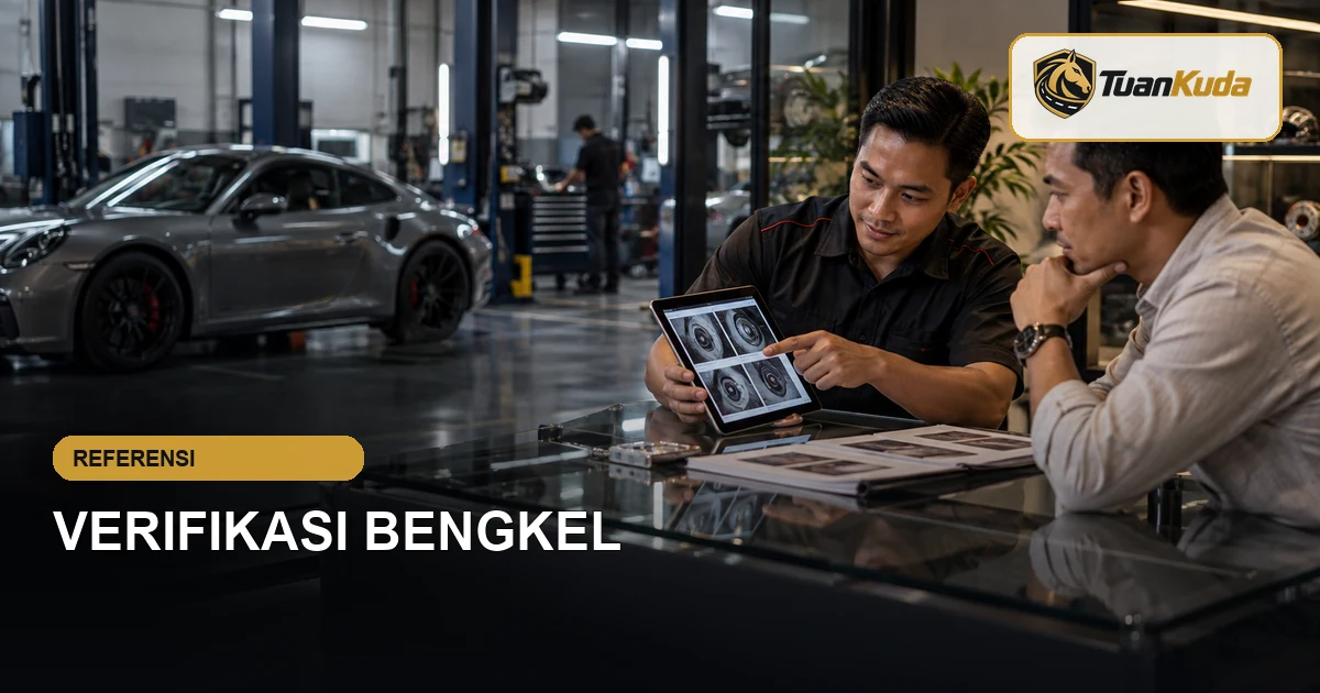 Pemilik mobil meninjau hasil pemeriksaan bersama teknisi bengkel