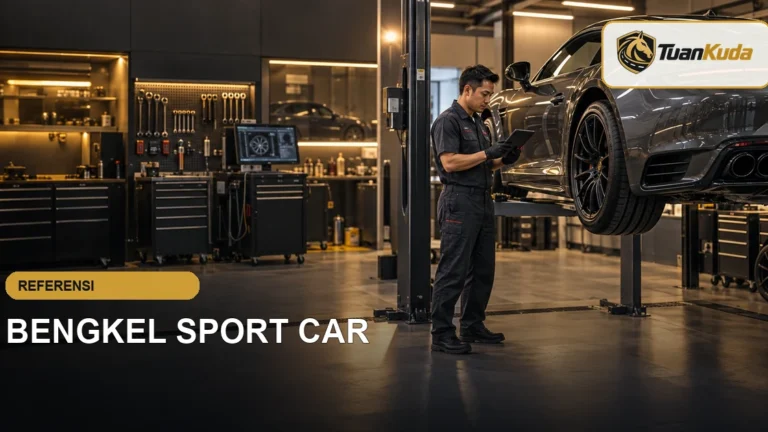 Teknisi memeriksa mobil sport di bengkel modern