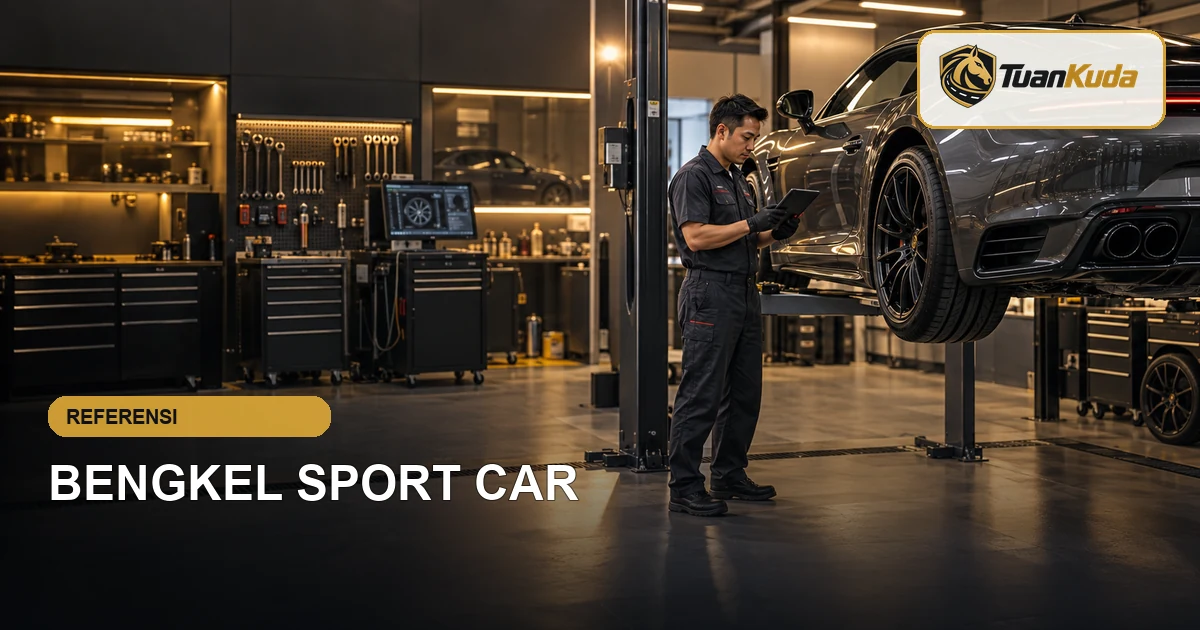 Teknisi memeriksa mobil sport di bengkel modern