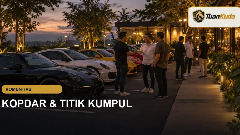 Kopdar komunitas mobil sport di area parkir privat yang tertata