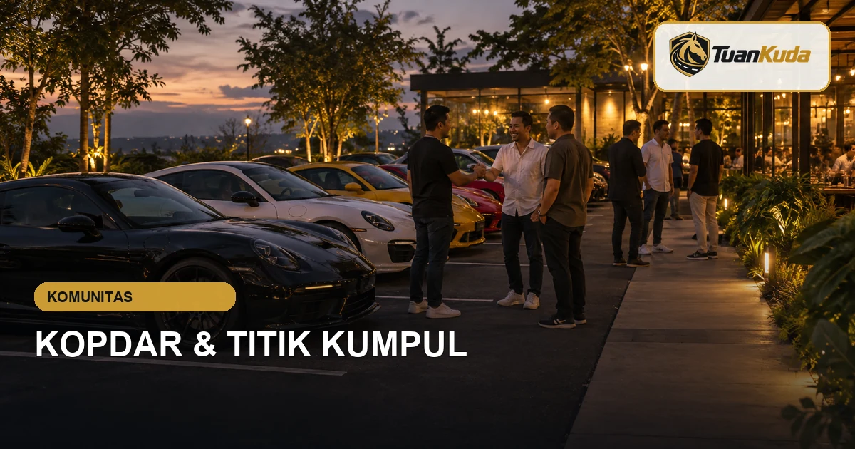Kopdar komunitas mobil sport di area parkir privat yang tertata