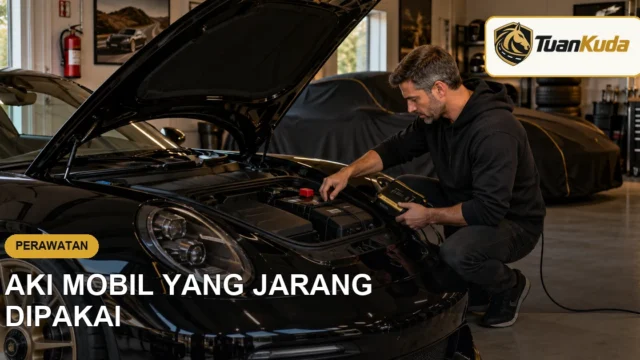 Pemilik memeriksa aki mobil sport yang disimpan di garasi