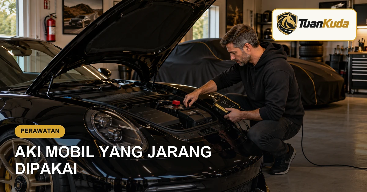 Pemilik memeriksa aki mobil sport yang disimpan di garasi