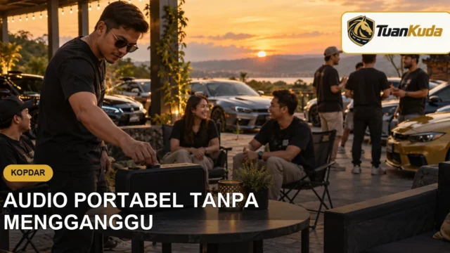 Speaker portabel diatur pada volume wajar saat kopdar mobil
