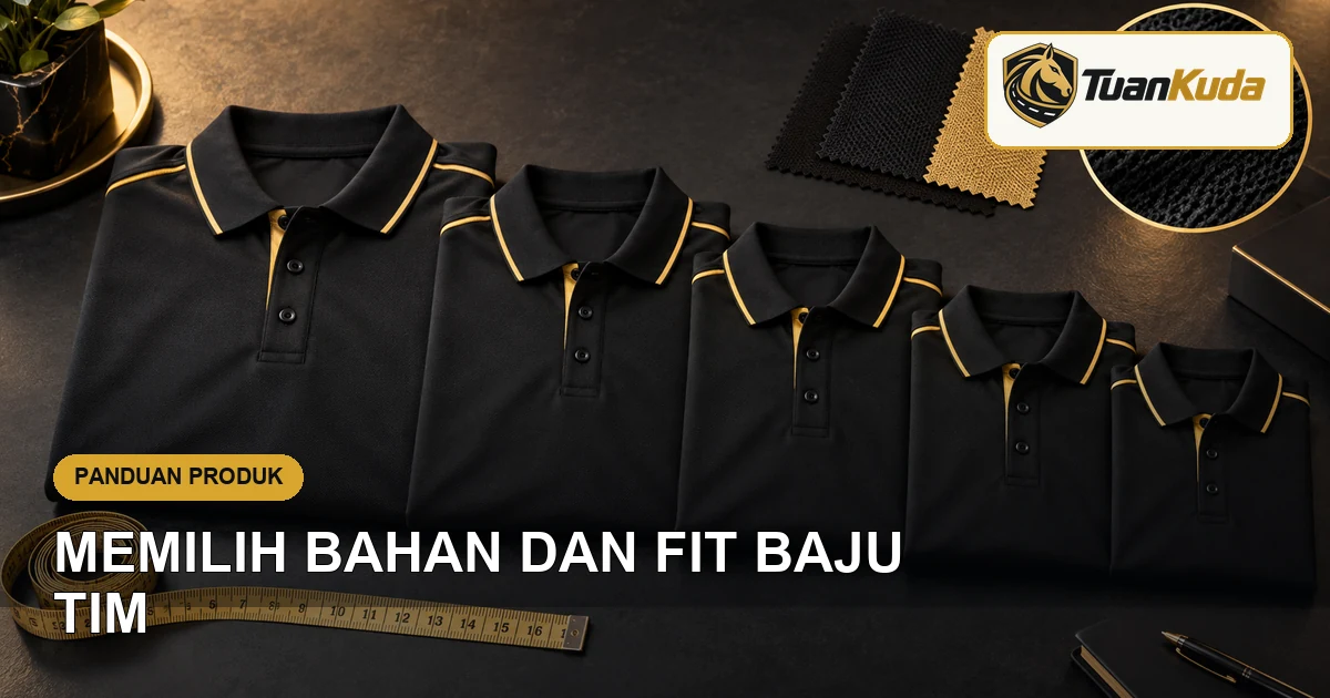 Pilihan baju tim hitam emas dengan sampel bahan dan meteran
