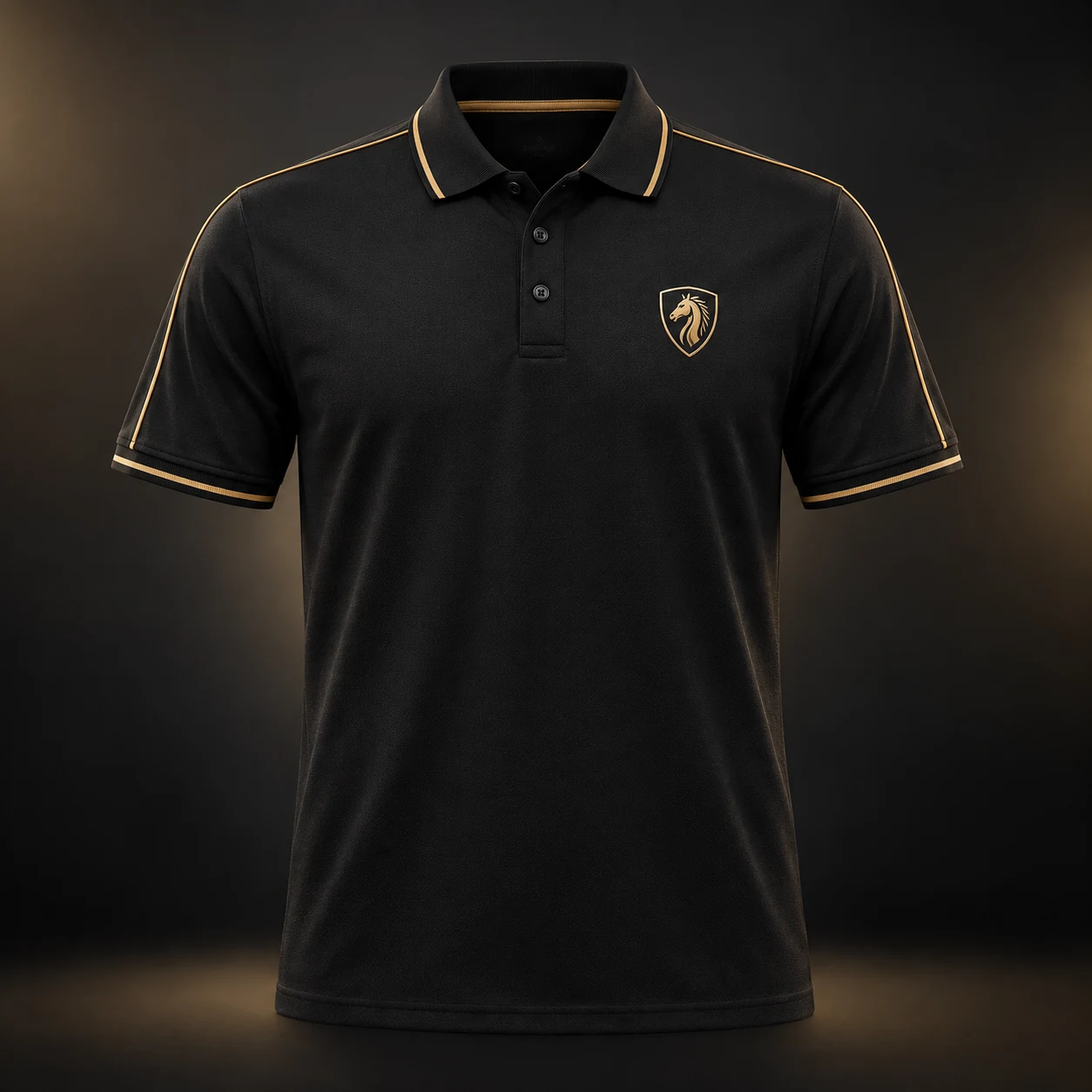 Baju Tim TuanKuda Versi Home polo hitam dengan aksen emas
