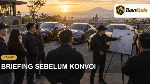 Organizer memberikan briefing rute kepada peserta konvoi mobil