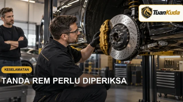 Teknisi memeriksa cakram dan kaliper rem mobil sport