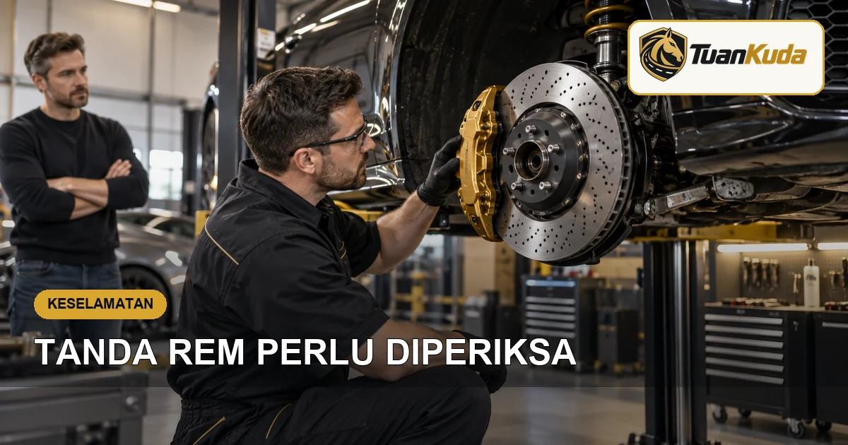 Teknisi memeriksa cakram dan kaliper rem mobil sport