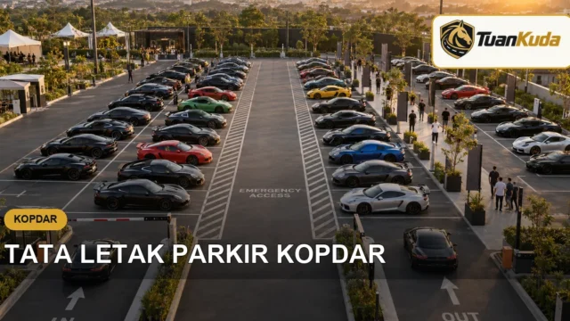 Tata letak parkir kopdar dengan jalur masuk, keluar, dan akses darurat terbuka