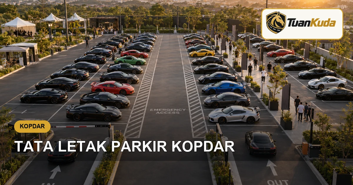Tata letak parkir kopdar dengan jalur masuk, keluar, dan akses darurat terbuka